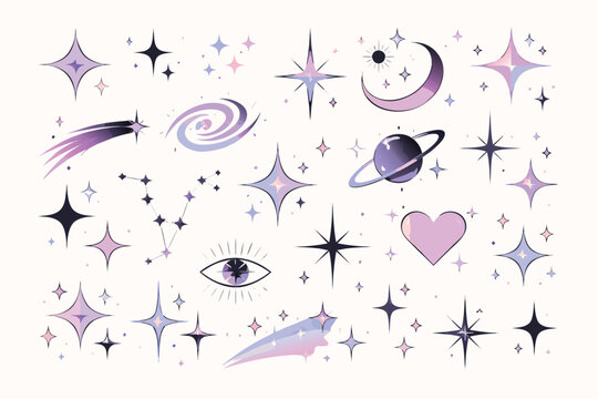 Y2K star sparkle and bling abstract tattoo shapes set in retro 2000s style with minimal geometric signs and futuristic cybercore design elements for trendy streetwear and graphic art projects