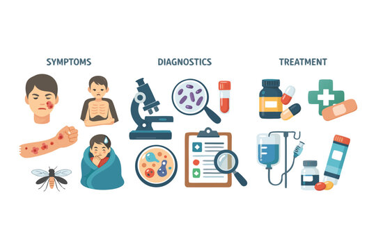 Comprehensive vector icon set illustrating leishmaniasis symptoms, diagnostic procedures, and medical treatment. Simple flat design for health education, infectious disease awareness, and clinics.