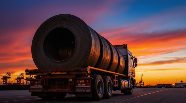 Heavy truck carries large steel coils on flatbed trailer. Industrial port cranes at colorful sunset sky. Logistics and cargo shipping at dusk.