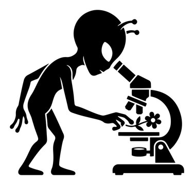 Alien scientist examining a plant flower under a microscope in minimalist graphic style
