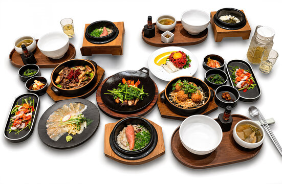 Traditional Korean full course dinner table set with hot pot rice and side dishes