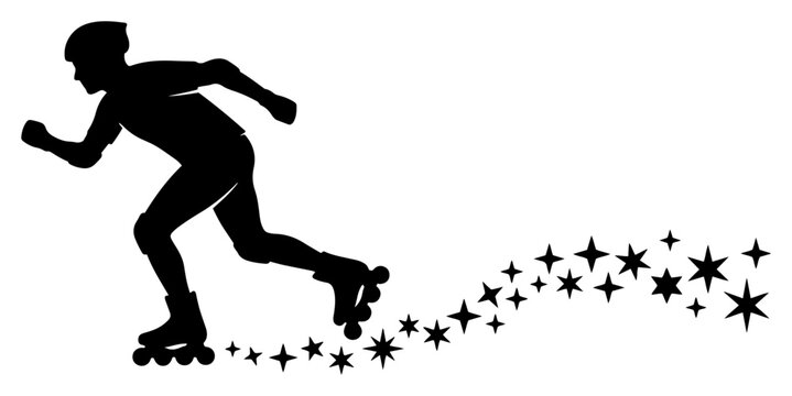 Inline skater rollerblading with a trail of magic stars in minimalist silhouette style