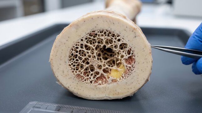 Close-up of human bone cross-section with tweezers