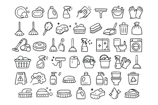 Set of 45 Vector Outline Cleaning Icons Including Dish Soap Detergent Mop Sponge Wipe Trash Can Vacuum Cleaner and Housework Service Equipment Symbols for Domestic Hygiene and Sanitation Design.