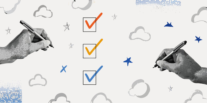hands checking boxes with checkmarks collage style illustration