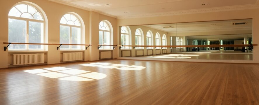 Sunlight streams into empty dance studio. Large arched windows and mirrors reflect the bright, clean space. Wooden barre and floor ready for practice. Interior.