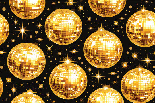 Shimmering gold disco ball seamless pattern featuring luxury mirror tiles and sparkling sequins in a glamorous vector illustration ideal for party backgrounds and festive holiday gift wrap designs.