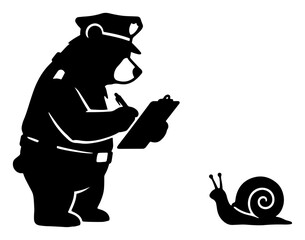 Bear police officer writing a fine for a slow crawling snail humorous silhouette style © Camel