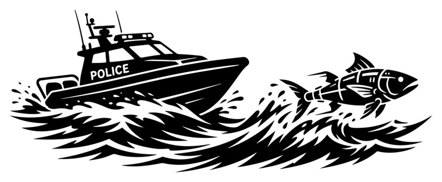 Police boat chasing a leaping tuna fish in stormy ocean waves silhouette style
