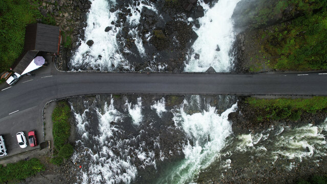 Aerial Top Down View of L&aring;tefossen Waterfall Bridge in Norway