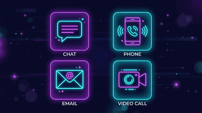 Communication methods icon set chat, phone, email, and video call icons with neon glow effect on dark background