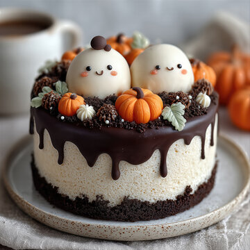 Cute Halloween drip cake decorated with white chocolate ghosts and mini pumpkins