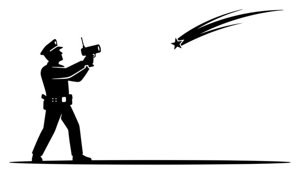 Police officer aiming speed radar at shooting star in humorous graphic style