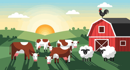 Farm animals grazing in green fields at sunrise with red barn and rooster on roof © Ilma