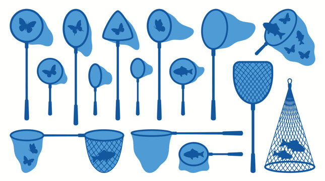 Collection of various fishing nets and scoops.