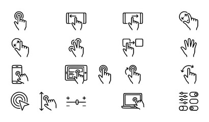 Touch Screen Gestures and User Interface Line Icon Set Featuring Tap, Swipe, Pinch, Zoom, Scroll, Drag, Mobile Device, and Multi-Touch Hand Symbols © MSTROTNA