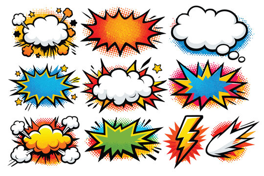 Dynamic and colorful comic book callout collection featuring expressive speech bubbles with retro halftone patterns and energetic pop art style elements for creative graphic design projects.