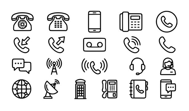 Telephone and Communication Line Icon Set Featuring Rotary Phone, Smartphone, Office Desk Phone, Incoming and Outgoing Calls, Headset Support, and Voice Mail Symbols