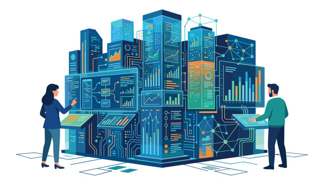 Professionals collaborate on a massive interactive data sculpture featuring interconnected glowing fiber-optic cables and fluctuating holographic metrics within a sleek corporate s