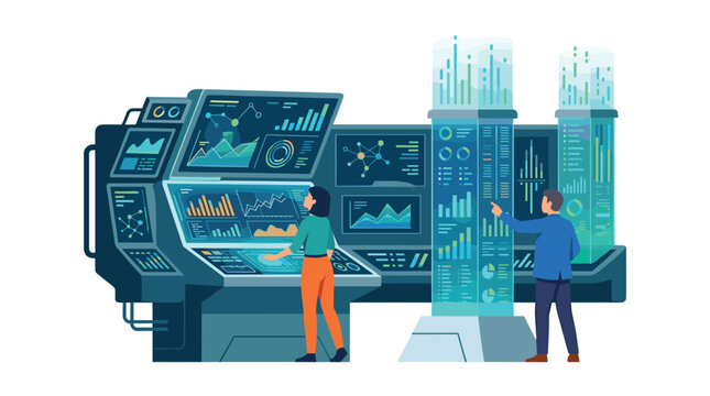 Data analysts work at a high-tech control console featuring glowing blue holographic display towers and complex interface modules inside a modern digital workspace environment.