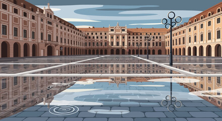 Urban plaza with reflections in puddles after rain, architectural buildings, cloudy sky. © Ilma