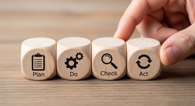 Wooden blocks with icons representing the Plan-Do-Check-Act cycle of continuous improvement.
