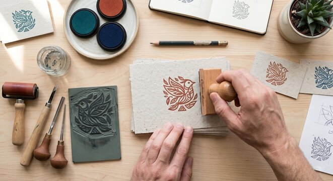Artisan hands pressing custom bird rubber stamp onto textured paper with linocut carving tools