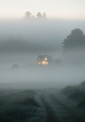 Fototapeta premium House emerging from mist with illuminated windows along a rural road