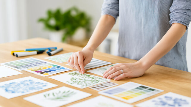 A female designer arranging botanical prints and color swatches on a wooden desk. Creative process of creating a mood board for a branding project