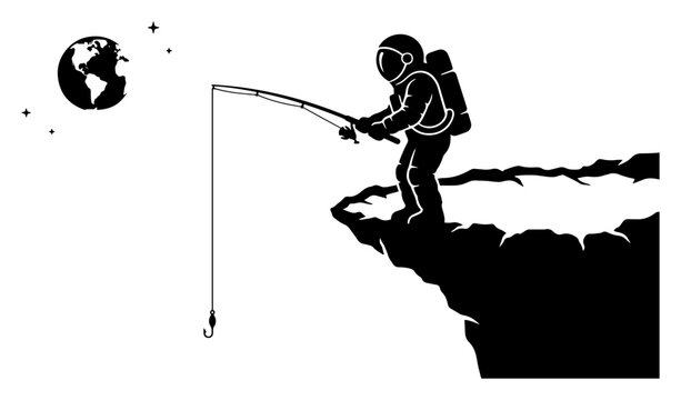 Astronaut fishing from a rocky cliff in outer space with earth in the background