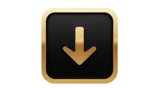 Golden download arrow button icon with black square frame isolated on transparent background