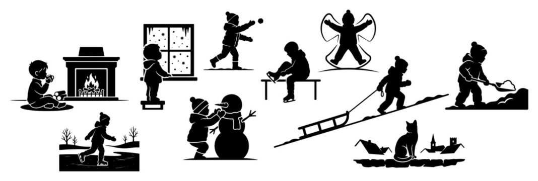 Kids winter activity icons set with children playing in snow in minimalist silhouette style