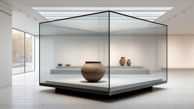 Ancient pottery exhibit in a modern museum gallery. Historical artifact in a glass display case. Minimalist interior with clean architecture