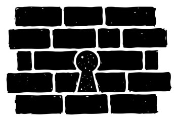 Brick wall with keyhole shape revealing a starry night sky in symbolic graphic style © Camel