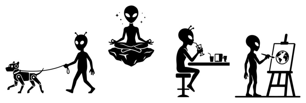 Alien characters performing everyday human activities in conceptual silhouette style set