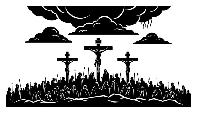 Crucifixion of Jesus Christ on the hill of Golgotha in religious silhouette style