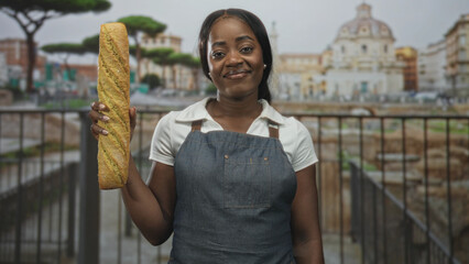 Woman baker in apron holds a baguette upright in hand, smiling and presenting bread by a building and iron railing  pride craft tradition. © Krakenimages.com