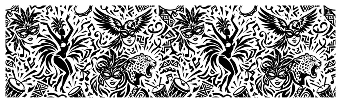 Brazilian carnival dancers with masks and leopard festive border in black and white silhouette style