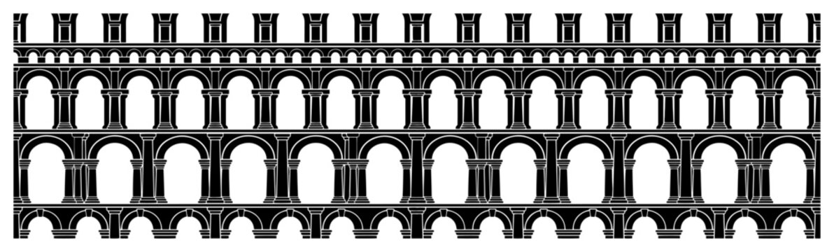 Ancient roman aqueduct arched bridge architectural pattern in black and white silhouette style