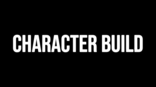 Character Build text animation, kinetic typography glitch effect. Animated white letters chaotic assembly on black background. Gaming guide intro, RPG strategy walkthrough video title.