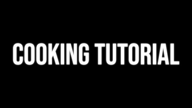 Cooking Tutorial text animation, kinetic typography glitch effect. Animated white letters chaotic assembly on black background. Food blog culinary guide intro, masterclass recipe title.