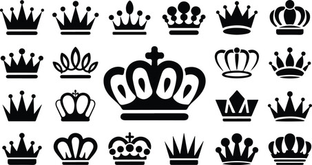Minimal black crown symbol set with luxury royal emblems ornate tiaras and geometric monarchy icons in modern vector layout © Mousumi