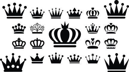 Minimal black crown symbol set with luxury royal emblems ornate tiaras and geometric monarchy icons in modern vector layout © Mousumi