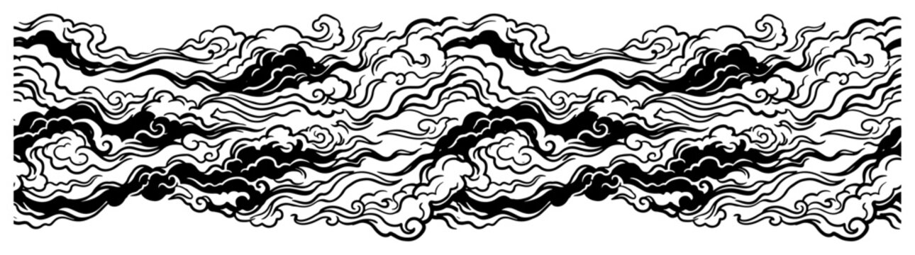 Stylized traditional oriental clouds with swirling waves in decorative banner