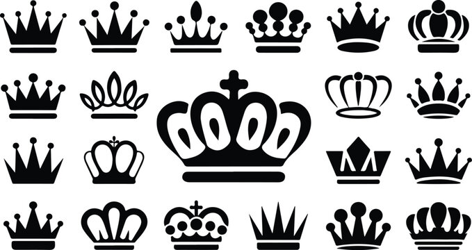 Minimal black crown symbol set with luxury royal emblems ornate tiaras and geometric monarchy icons in modern vector layout