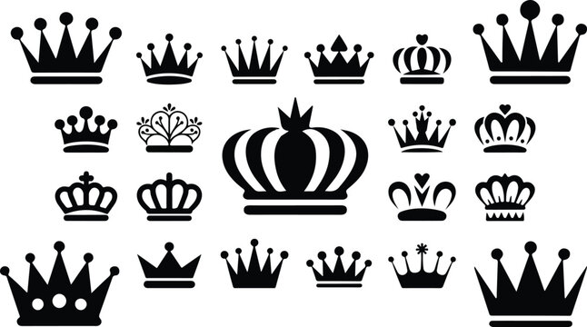 Minimal black crown symbol set with luxury royal emblems ornate tiaras and geometric monarchy icons in modern vector layout