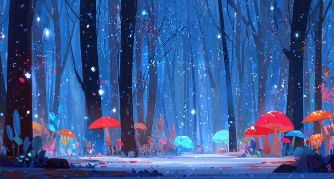 Magical forest bathed in blue light, glowing mushrooms