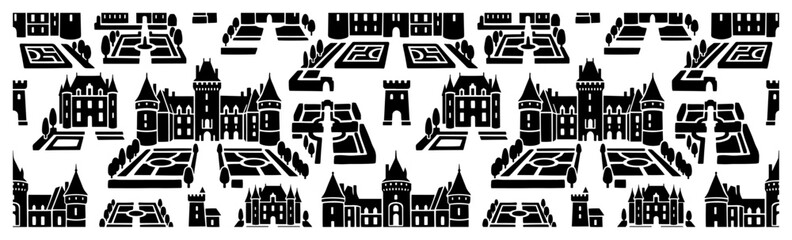 Medieval castles and royal palaces with formal gardens in panoramic silhouette style © Camel