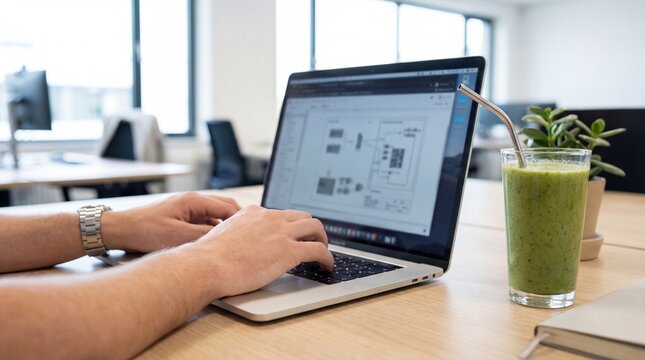 caucasian person typing on laptop with flowchart diagram on screen. green smoothie glass on wooden office desk. it developer workspace concept. copyspace, banner, website header.
