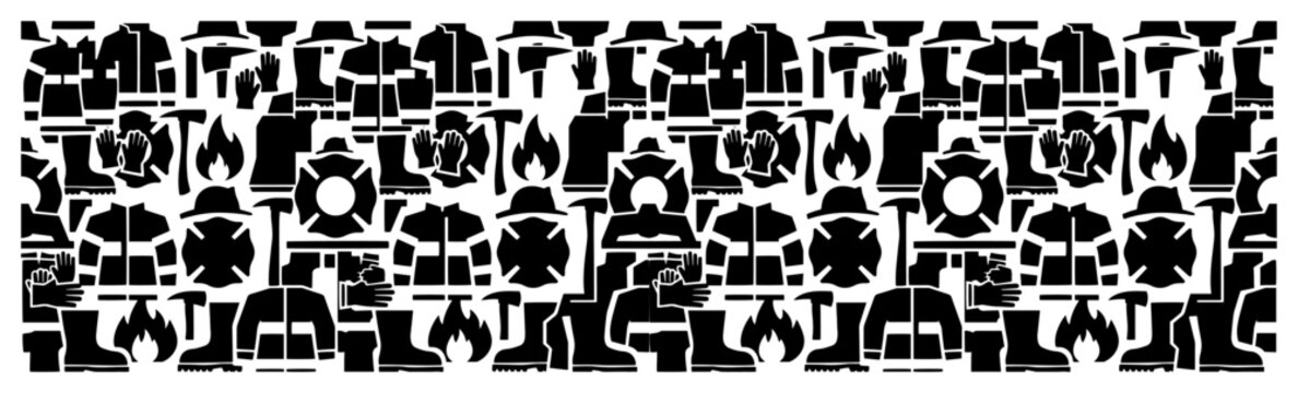 Firefighter equipment and emergency rescue symbols in black and white panoramic pattern style